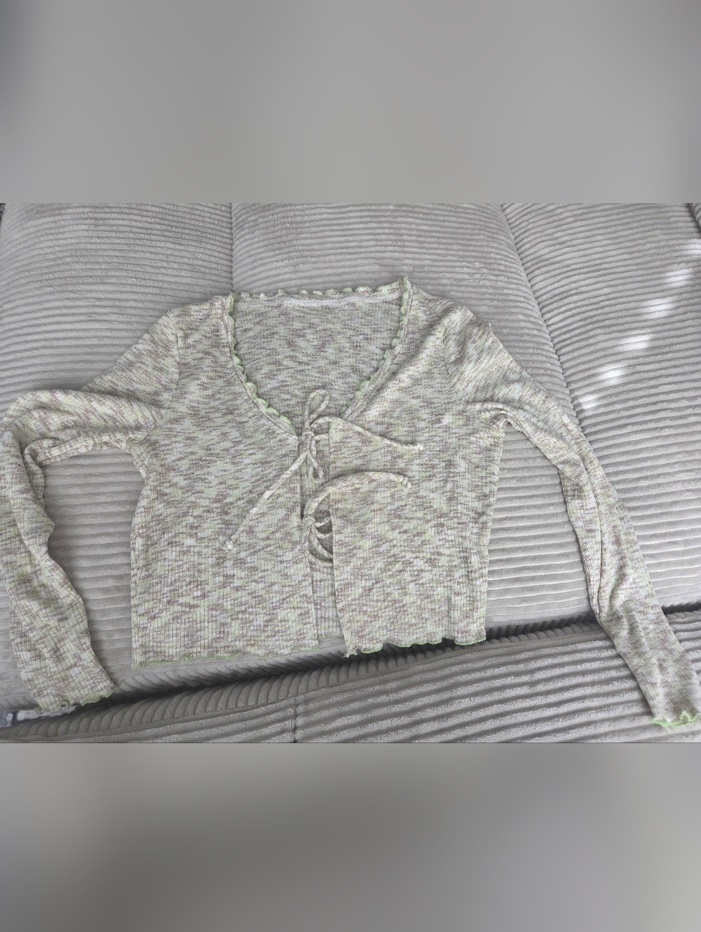 Light Green And Brown Knit Tie-Front Shirt
